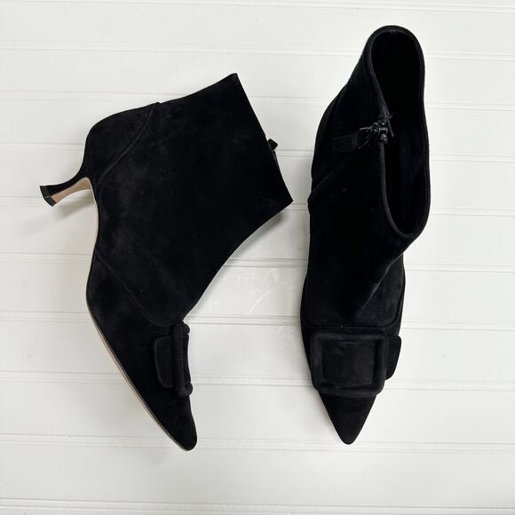 Manolo Blahnik Baylow Black Suede Ankle Boots Maysale Buckle Heel 38.5 - Picture 3 of 16